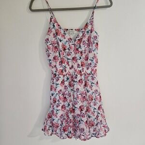 Francesca's White Ruffle Floral A Line Dress Pink Spaghetti Strap XS Flowy Twirl